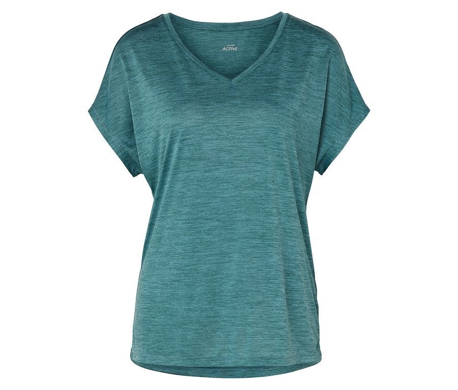 Tyrkysové sportovní tričko s výstřihem do V a krátkými rukávy.