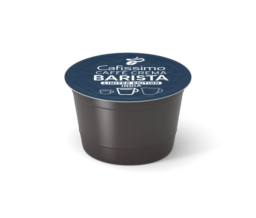 Jedna tmavě šedá kávová kapsle Cafissimo BARISTA Caffè Crema India s tmavě modrým víčkem s bílým textem a ikonami šálků kávy.