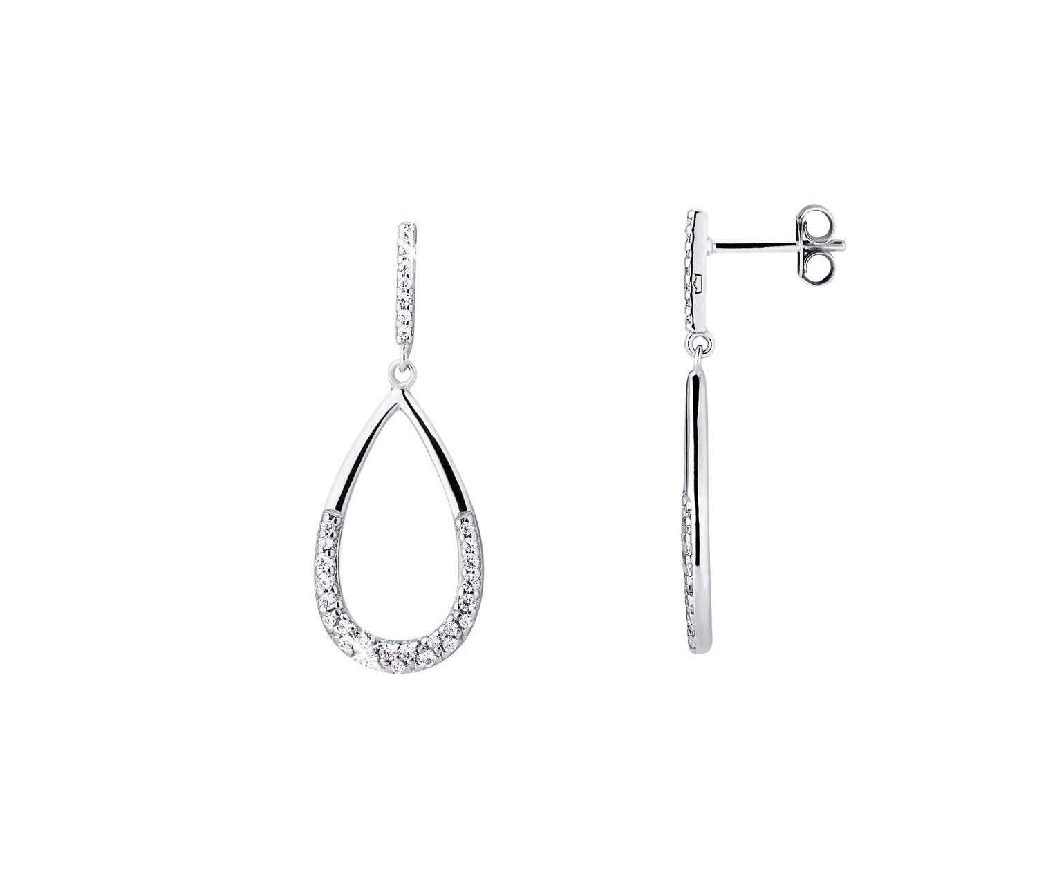Dvoje stříbrné náušnice ve tvaru kapek se zirkony.