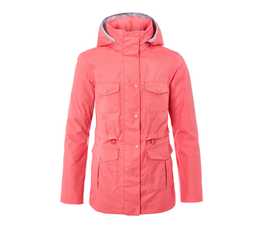 Růžová funkční bunda do deště s kapucí a čtyřmi kapsami.