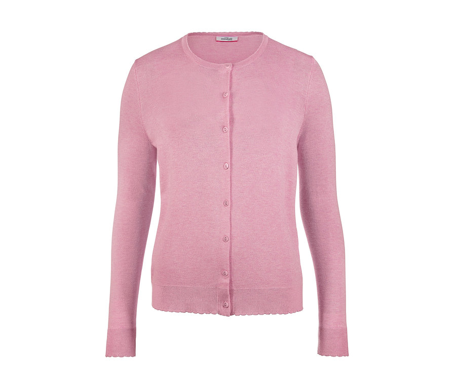 Růžový kabátek z jemné pleteniny s knoflíky.
