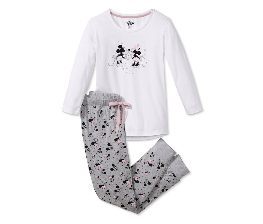 Bílé pyžamo Disney s šedými kalhotami s potiskem postaviček Mickeyho a Minnie Mouse.