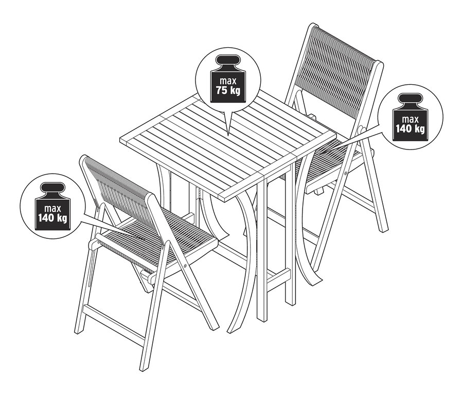 Nákres skládací soupravy na balkón »Lenja« s textilním výpletem, skládací soupravy na balkón, 3dílné.