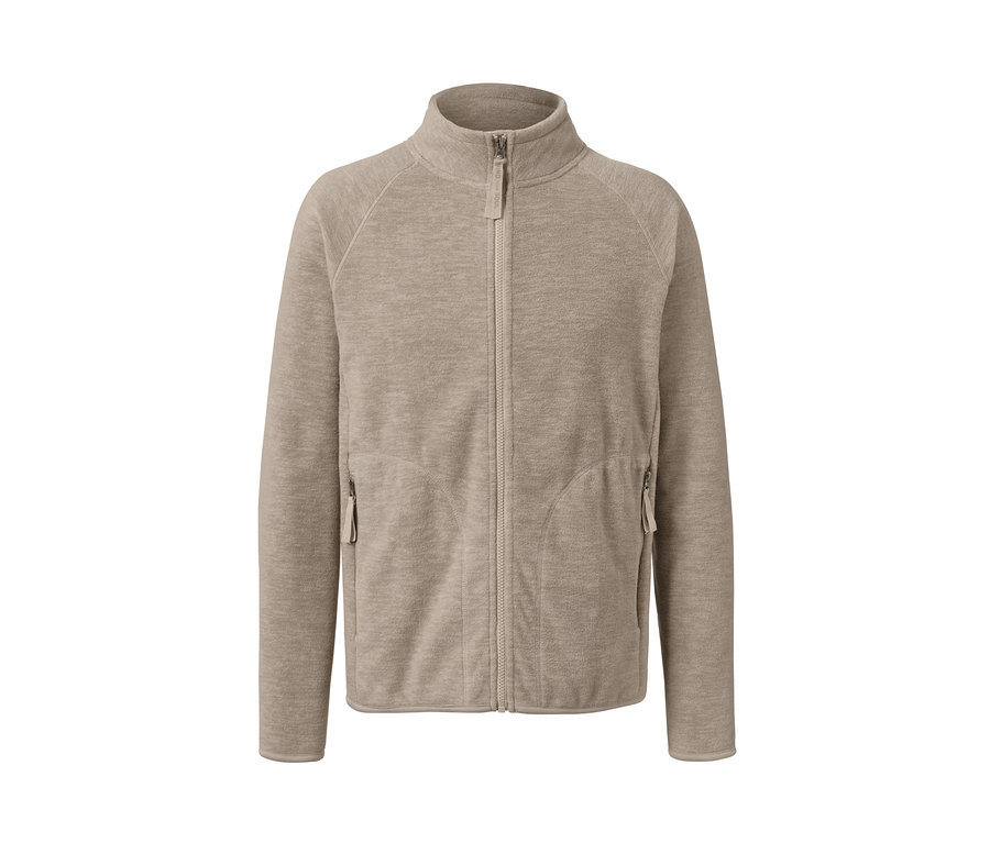 Béžová fleecová bunda se zipem uprostřed.