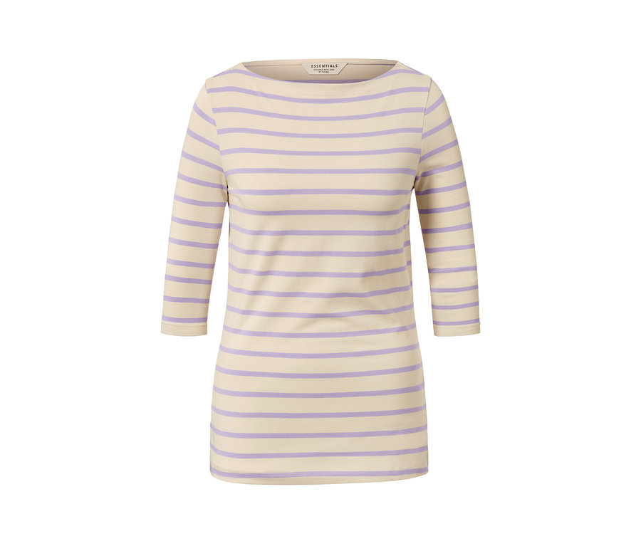 Béžovo-fialové pruhované tričko s tříčtvrtečním rukávem.