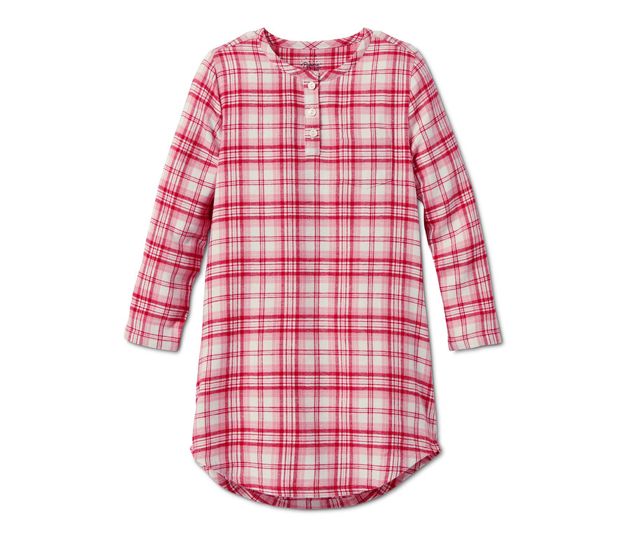 Červeno-bílá kostkovaná noční košile z biobavlny s dlouhými rukávy a knoflíčky.