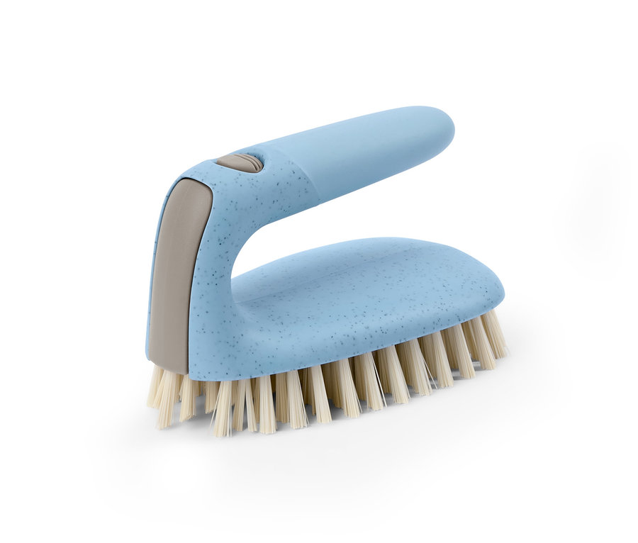 Modrý kartáč na podlahu 2 v 1 s šedou rukojetí na bílém pozadí.