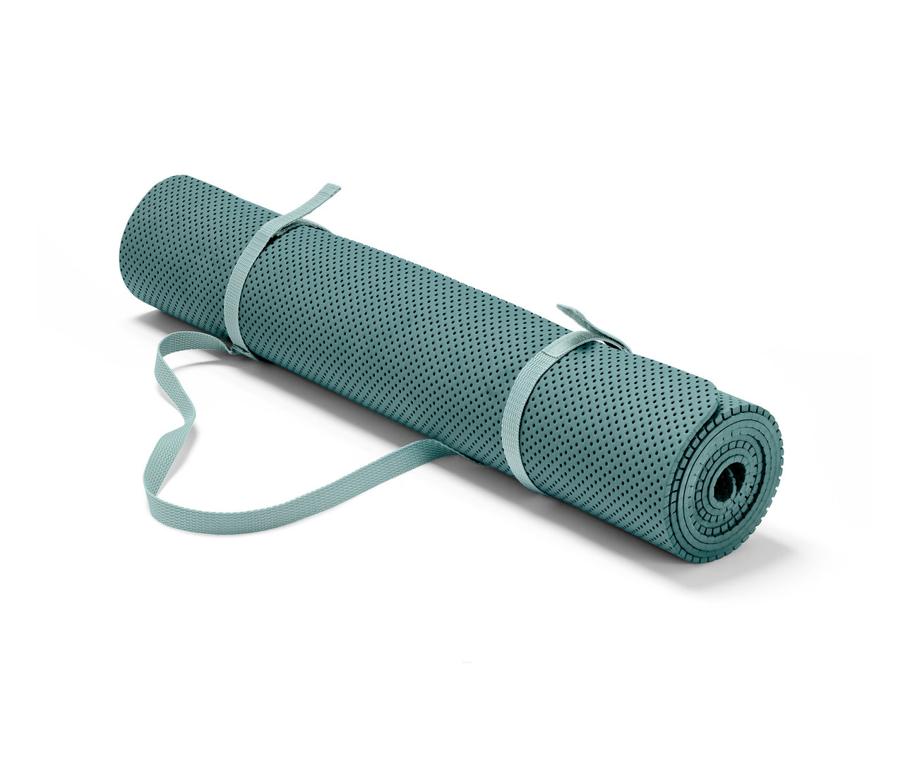 Srolovaná podložka na jógu a cvičení světle modré barvy s popruhy na přenášení.