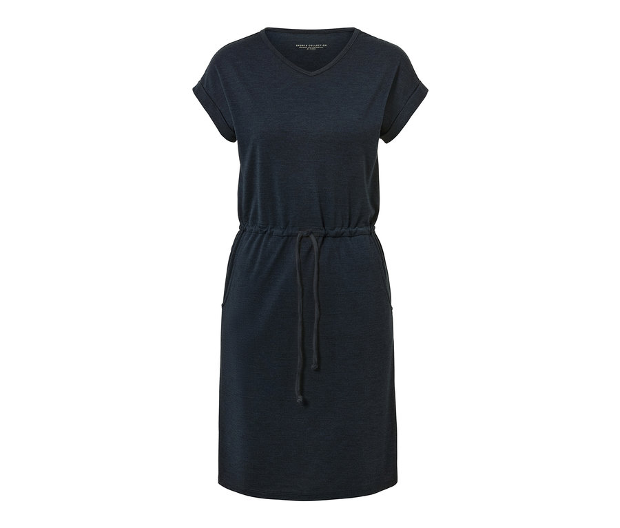 Tmavě modré outdoorové šaty s krátkými rukávy a stahovací šňůrkou v pase.
