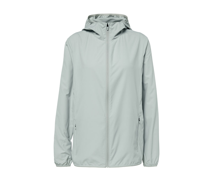 Šedá sbalitelná funkční bunda se zipem uprostřed.