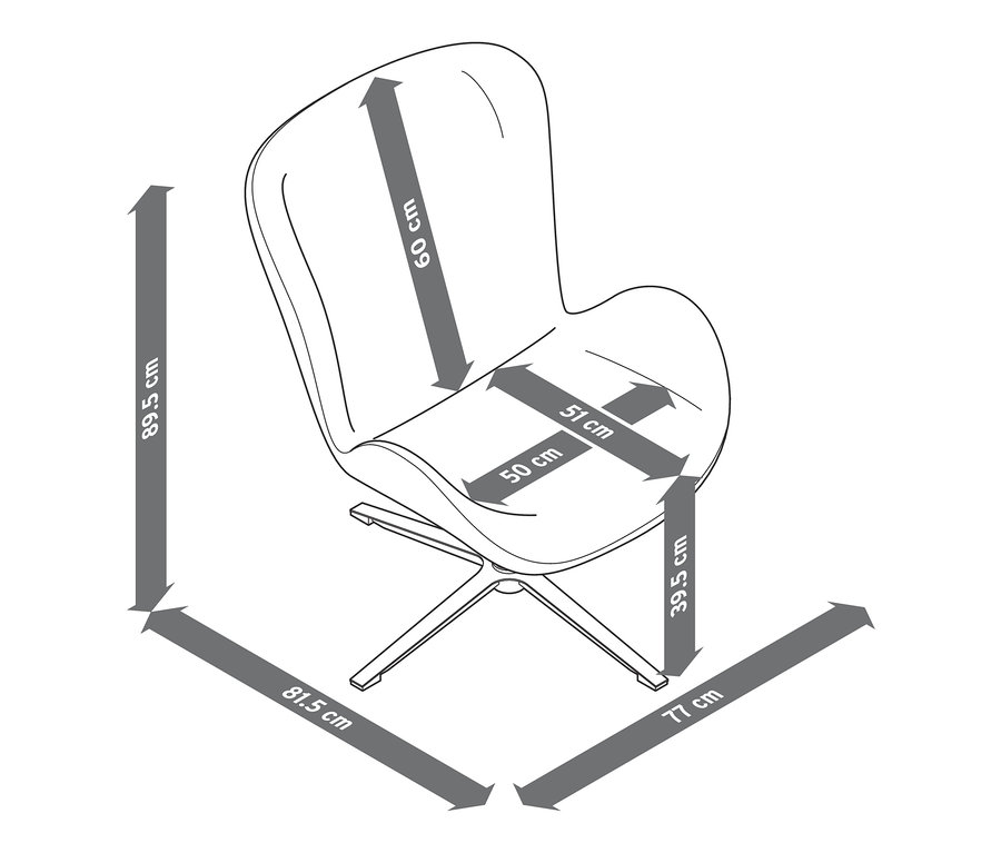 Ilustrace otočného křesla s vyznačenými rozměry.