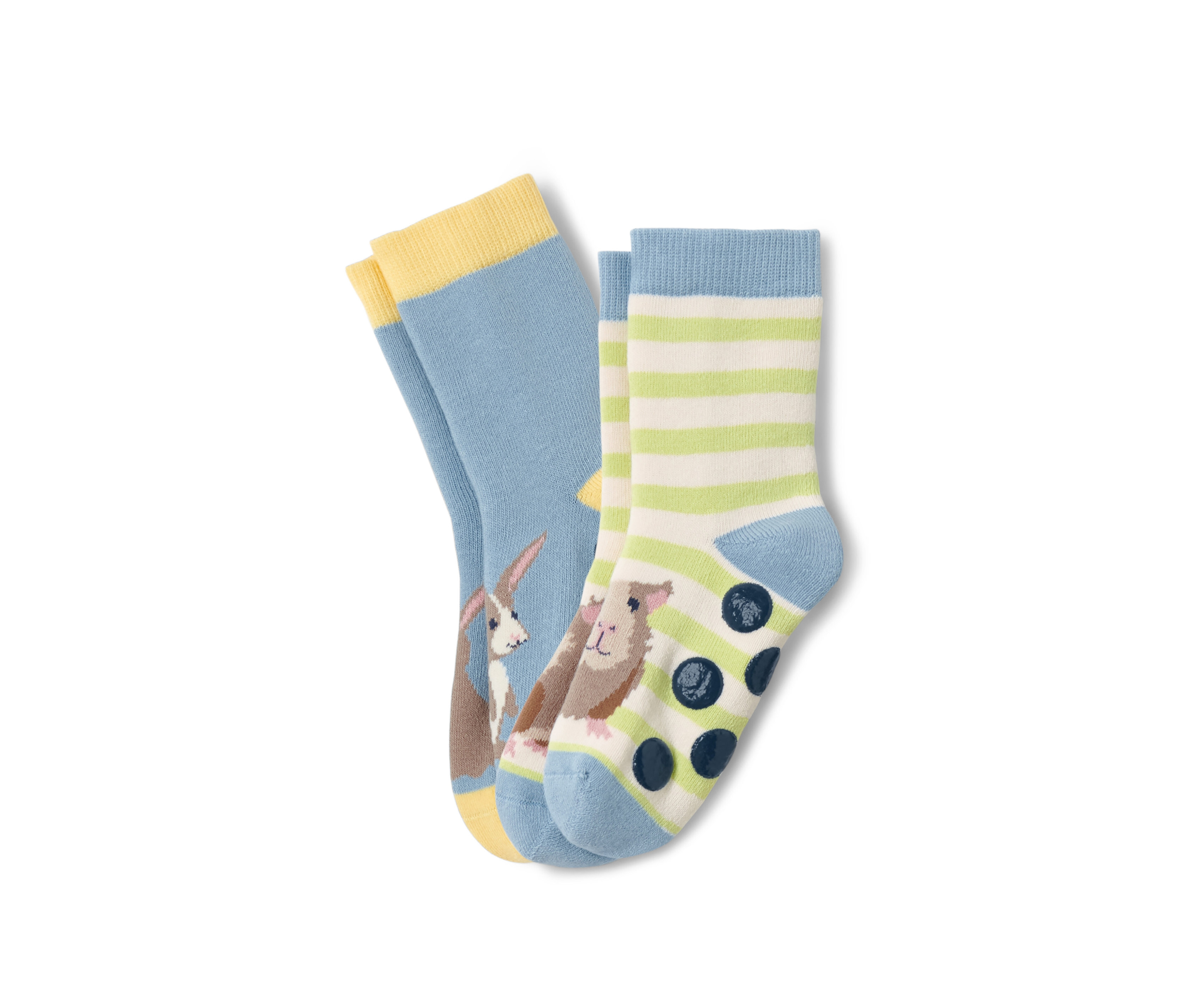 Dvoje dětské protiskluzové ponožky: jedny světle modré s králíkem, druhé proužkované s morčetem a protiskluzovými body.