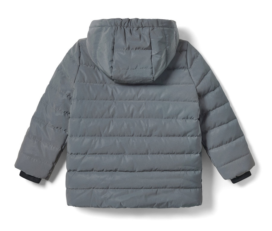 Šedá dětská prošívaná bunda Reflexní dětská prošívaná bunda s kapucí zezadu.