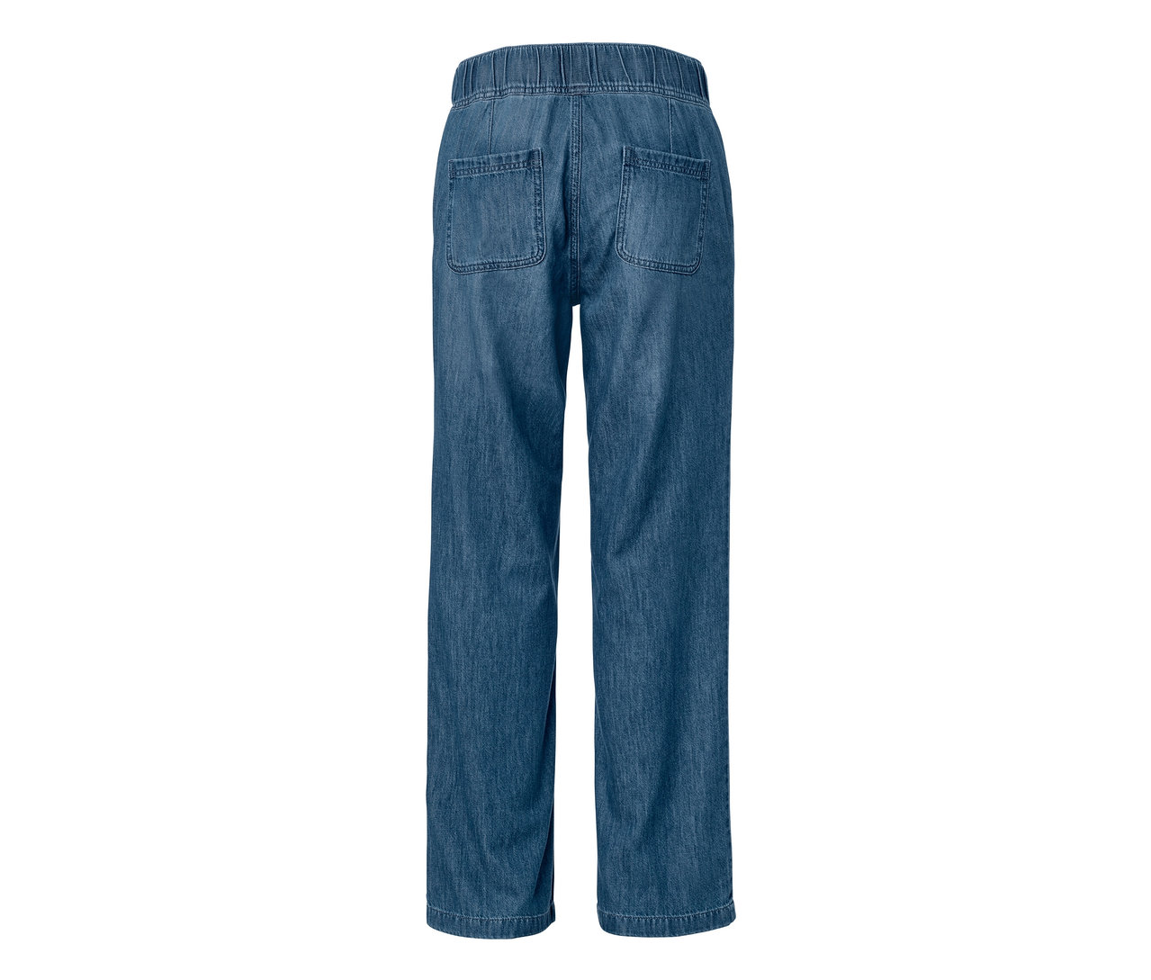 Detail širokých pohodlných džínů se dvěma zadními kapsami.