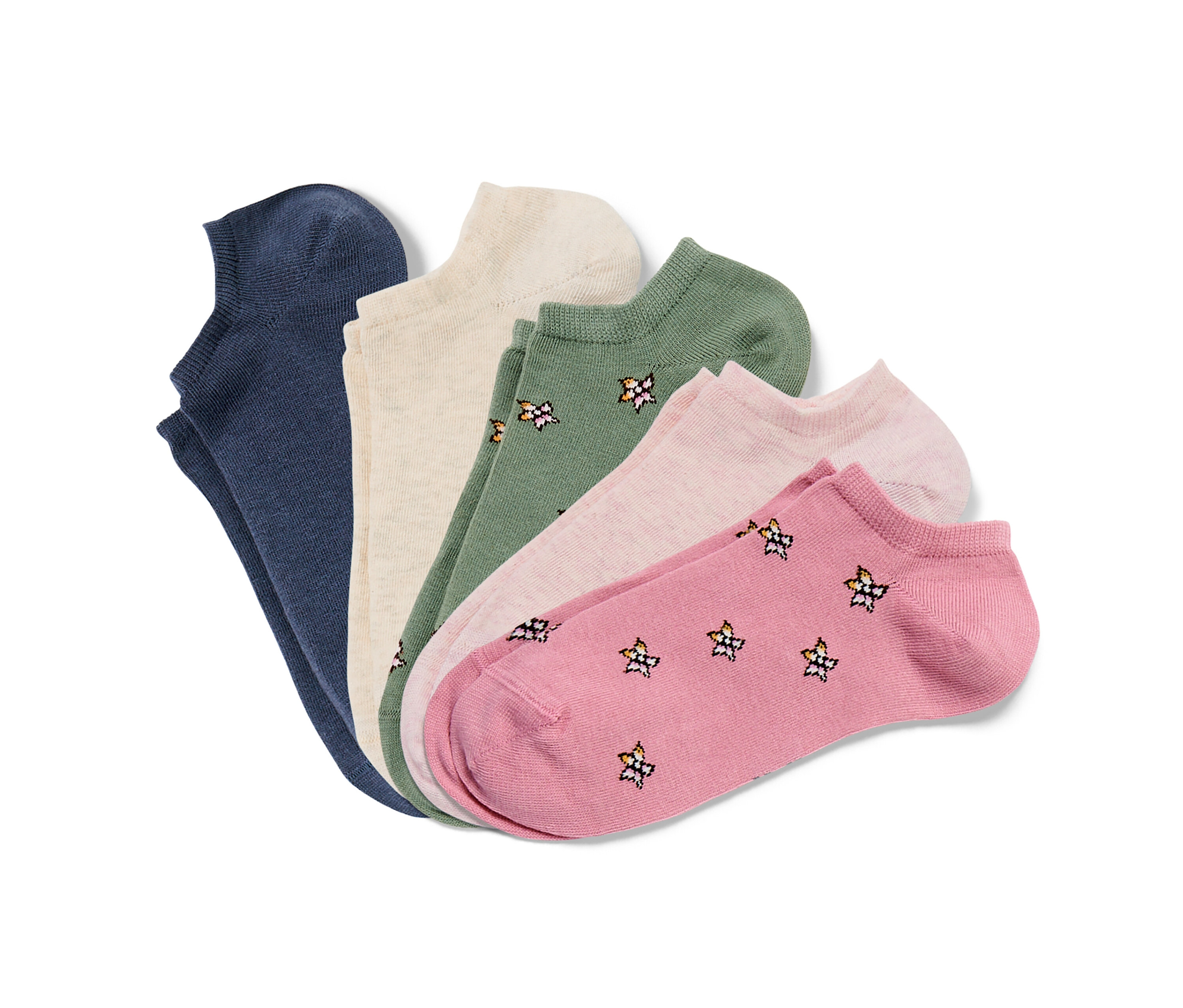 Pět párů krátkých ponožek různých barev.