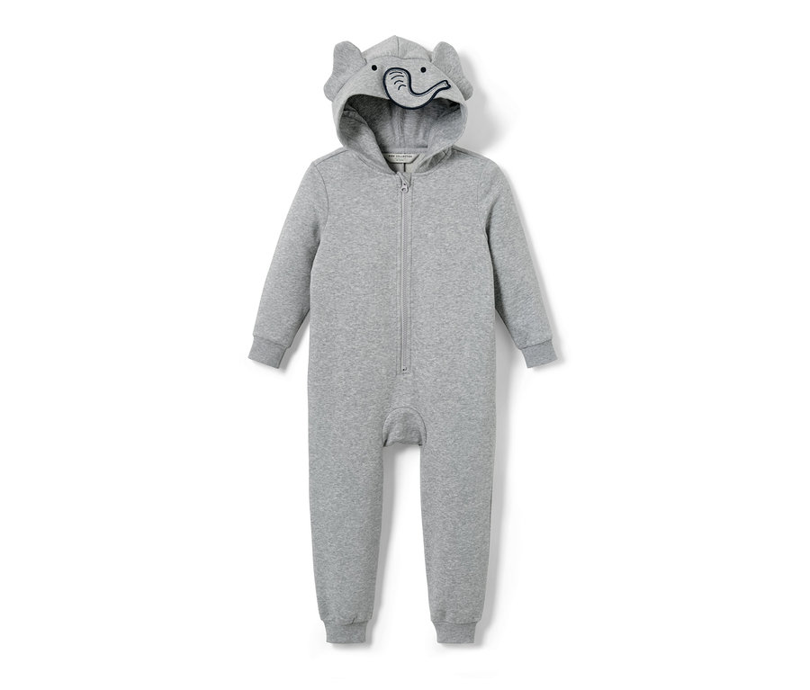 Dětský pohodlný šedý overal s kapucí se sloními uši.