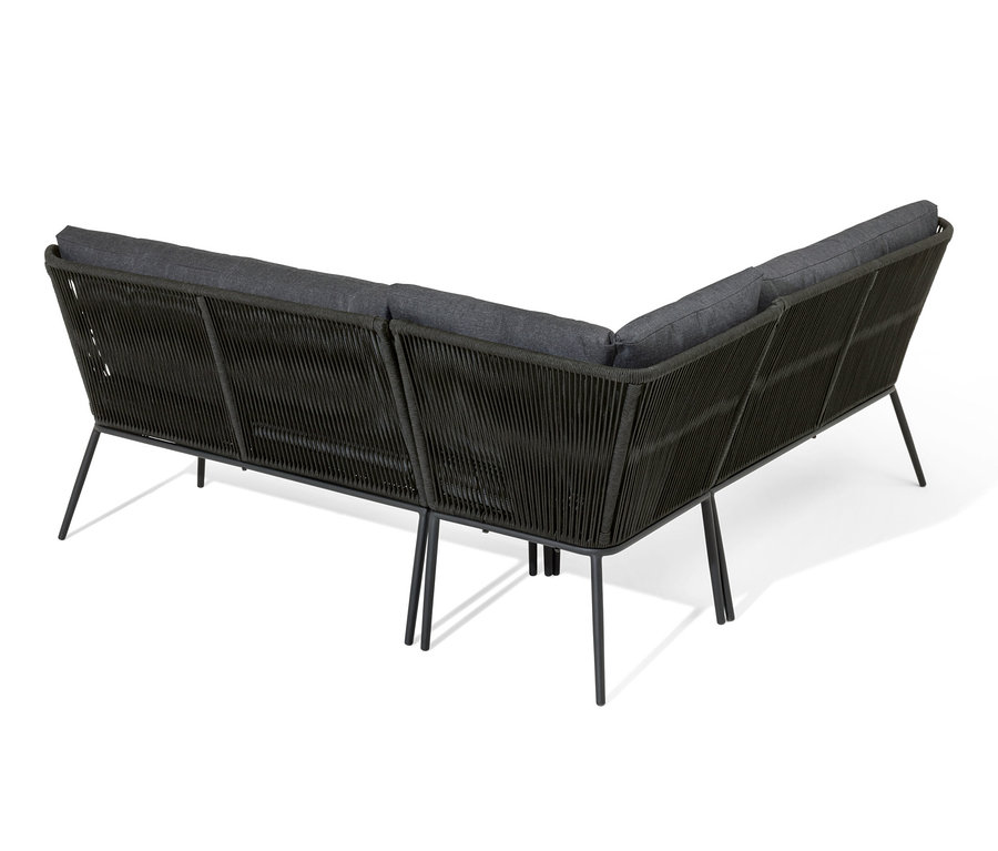 Rohová sedací souprava s textilním výpletem.