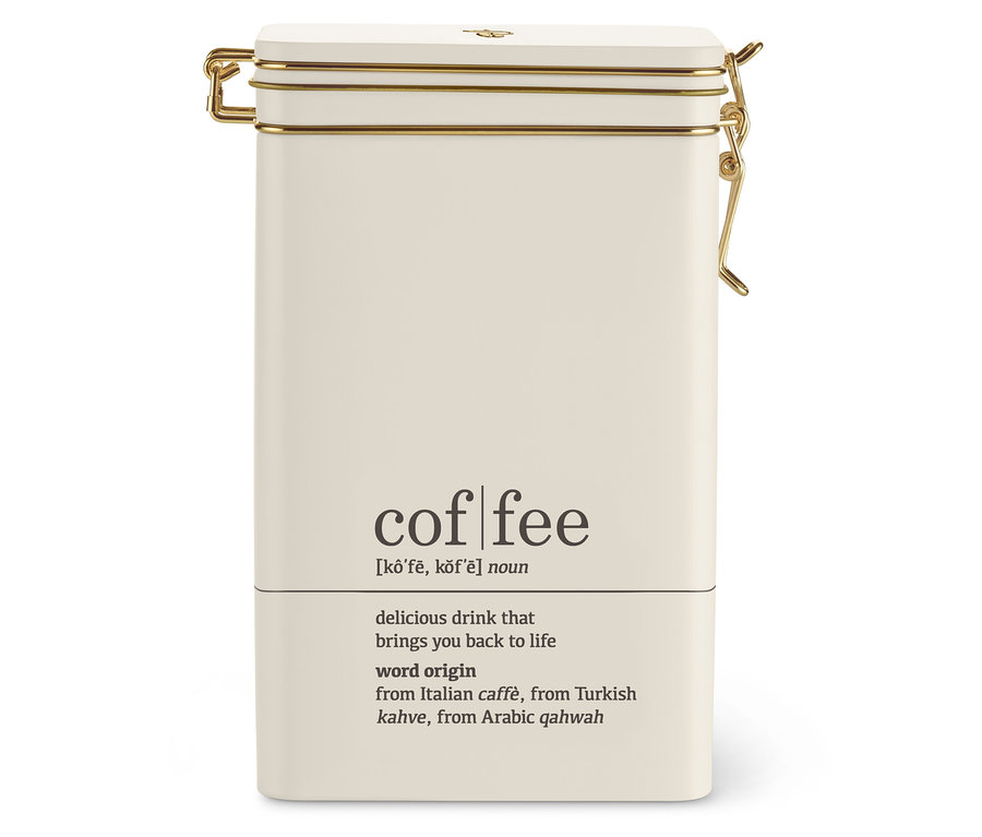 Krémová dóza na kávu s nápisem coffee dictionary a zlatým uzávěrem.