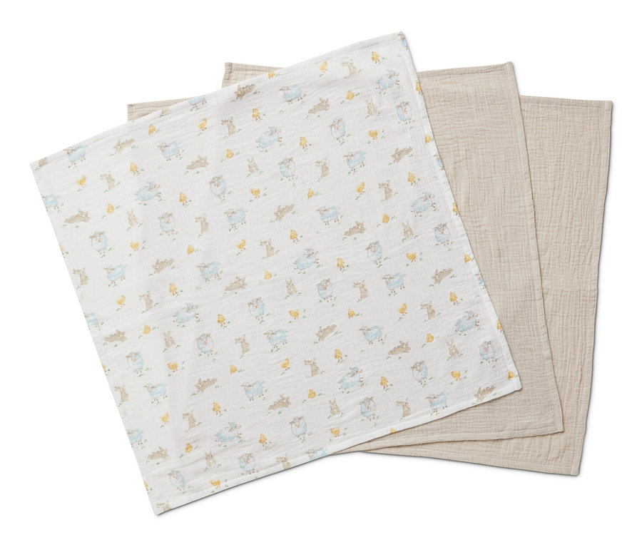 Na obrázku jsou tři dětské mušelínové šátky, 3 ks.