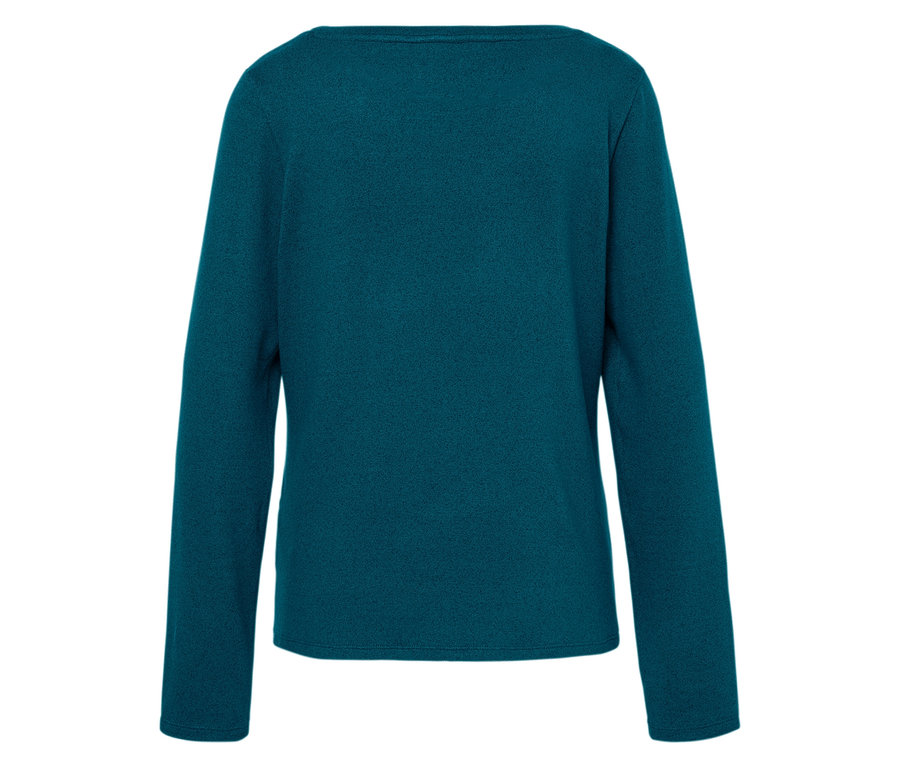 Tmavě modrozelený svetr s dlouhými rukávy, pohled zezadu.