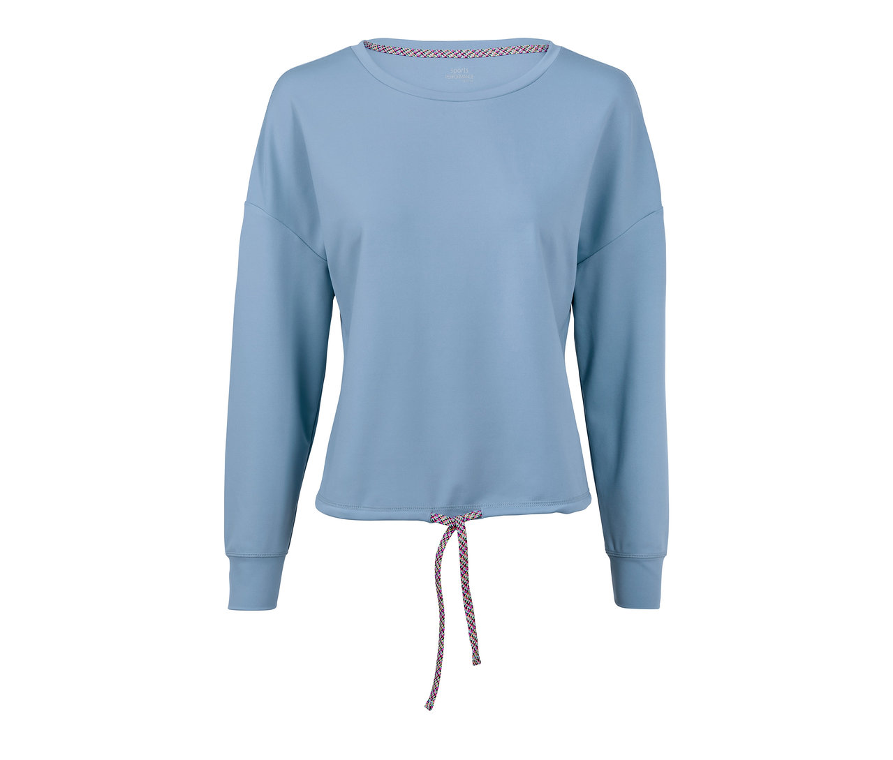 Světle modrá mikina s dlouhými rukávy a stahovací šňůrkou v pase.