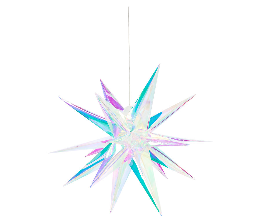 Zavěšená holografická hvězda s fialovými, modrými a zelenými hroty.
