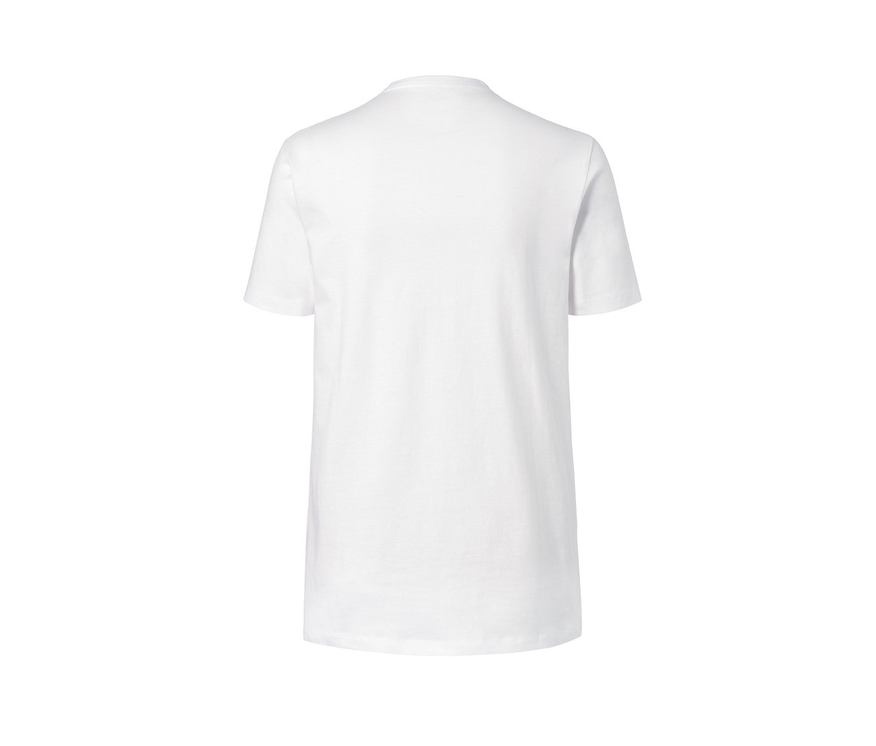 Zadní pohled na bílé tričko s kulatým výstřihem.