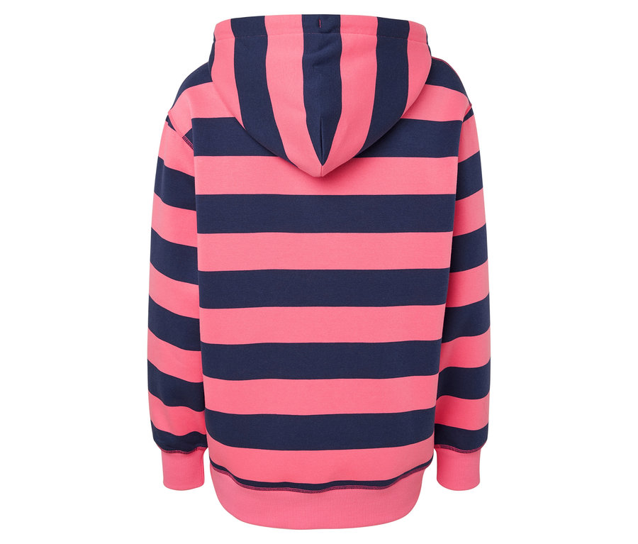 Zadní pohled na pruhovanou mikinu s kapucí v růžové a tmavě modré barvě.