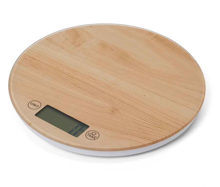 Kulatá kuchyňská váha s bambusovým povrchem a bílým okrajem.