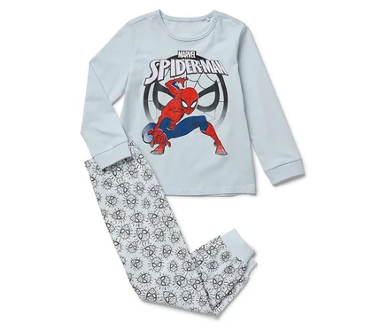 Světlé pyžamo s dlouhým rukávem a potiskem Spidermana a kalhotami s maskami Spidermana.