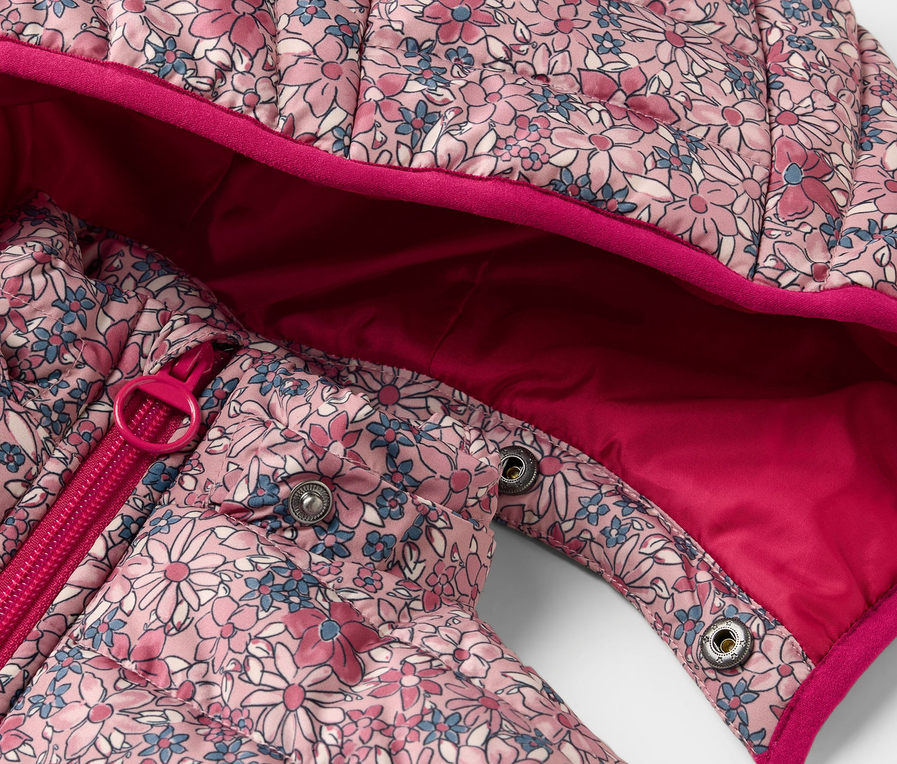 Detail dětské prošívané bundy s květinovým vzorem, zapínání na zip a patentky.