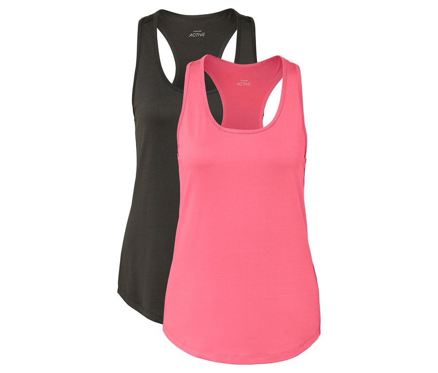 Dva funkční topy, jeden růžový a jeden olivově zelený.