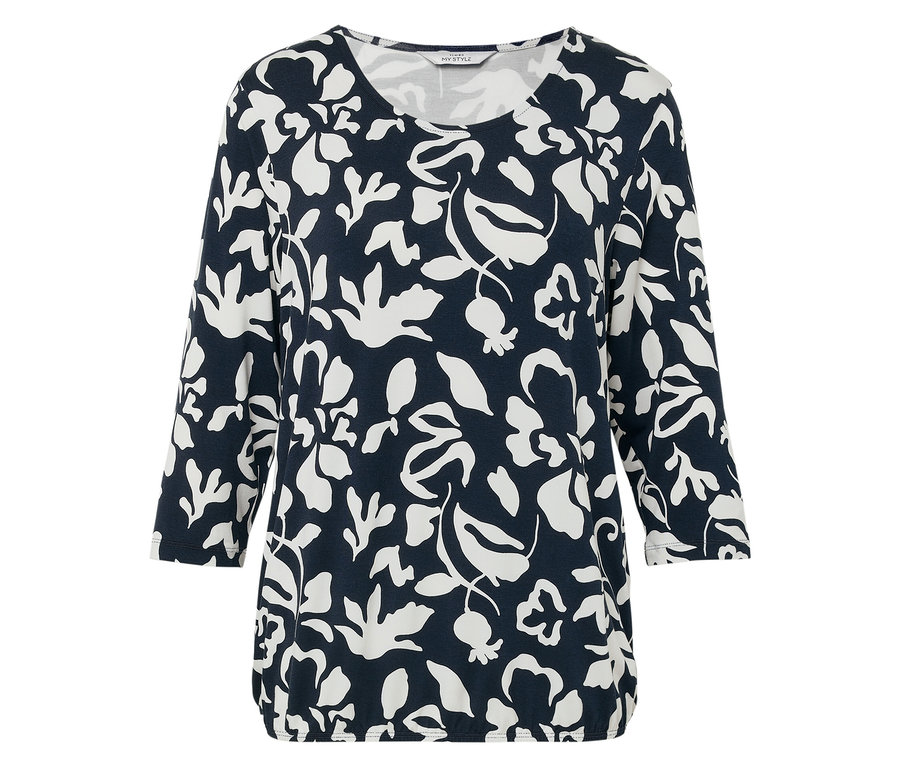 Dámský top s tříčtvrtečními rukávy, tmavě modrý s bílými květinovými vzory.