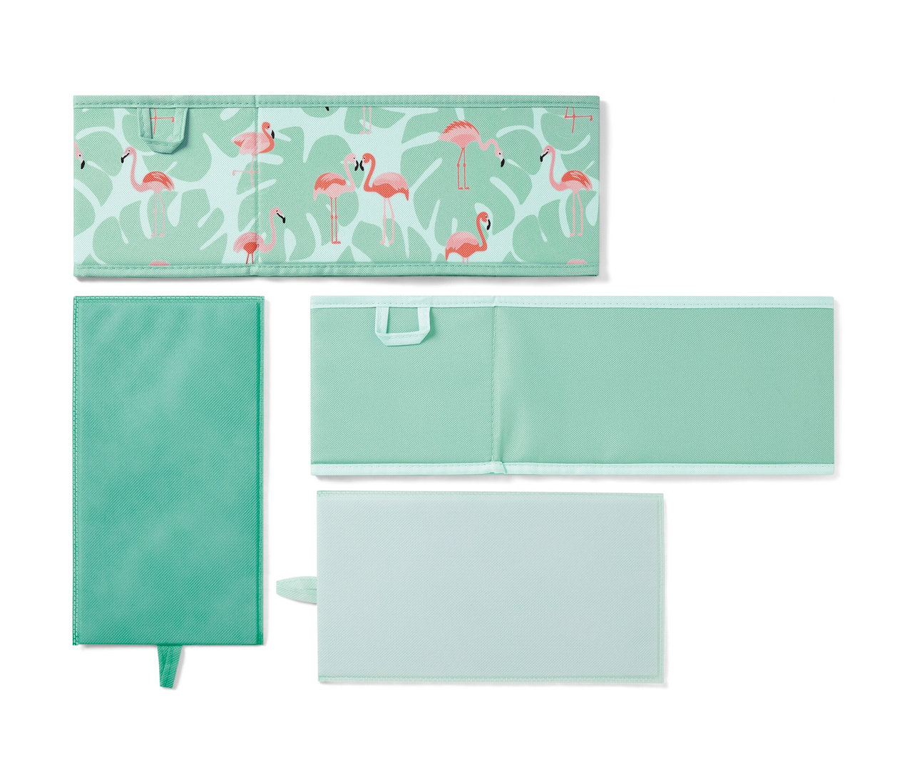 Dva rozložené úložné boxy do zásuvky s různými vzory a barvami.