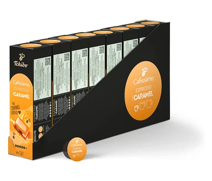 Balení kapslí Cafissimo Espresso Caramel, 80 kapslí v černobílém obalu.