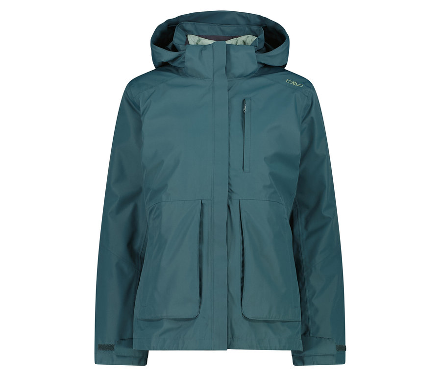 Tyrkysová bunda s kapucí a kapsami.