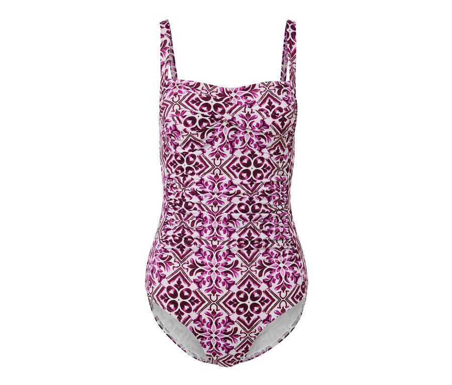 Tvarující plavky bobulové a bílé barvy s potiskem.