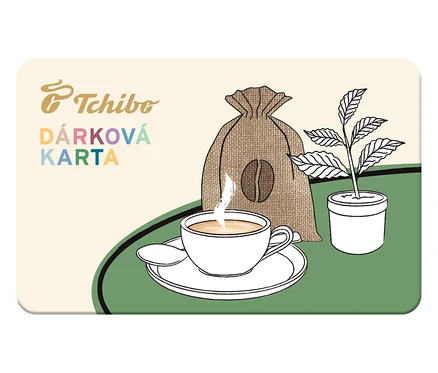Ilustrace dárkové karty Tchibo s kávou, pytlem kávy a kávovníkem.