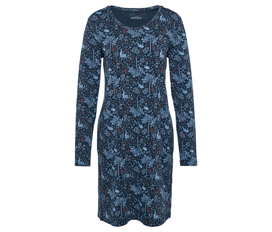 Modré šaty s dlouhým rukávem a potiskem stromů a zvířat.
