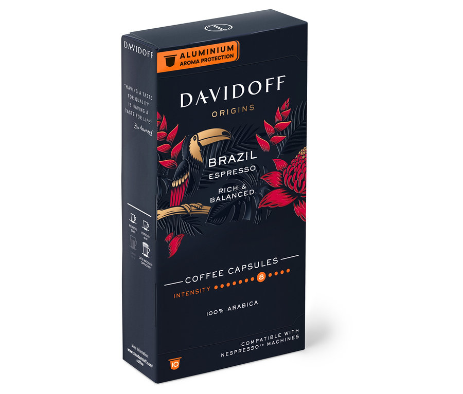 Balení 10 kapslí Davidoff Café Origins Brazil s obrázkem tukana.