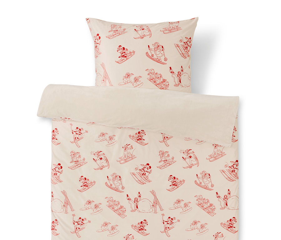 Povlečení s červeným potiskem Mickeyho na lyžích a snowboardu.