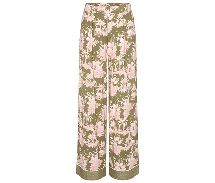Kalhoty Triumph Aura Spotlight Trousers v olivově zelené barvě s růžovým květinovým a zvířecím vzorem a ozdobným lemem.