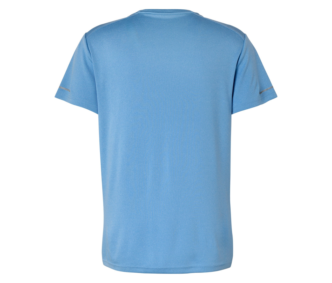 Pohled zezadu na světle modré tričko s krátkým rukávem.