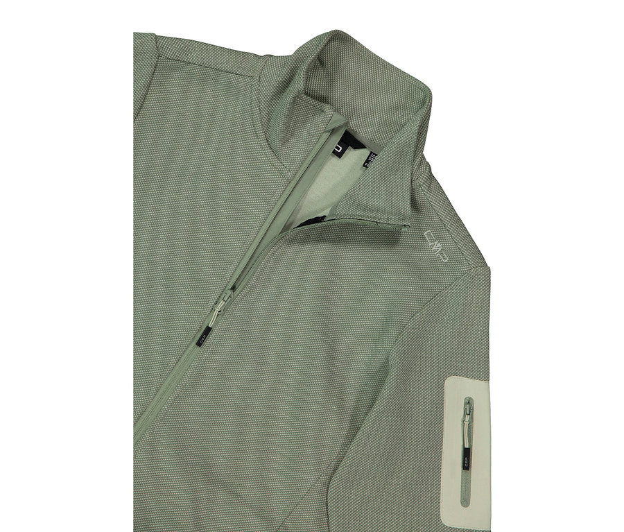 Detailní záběr světle zelené bundy CMP se zipem a límcem.