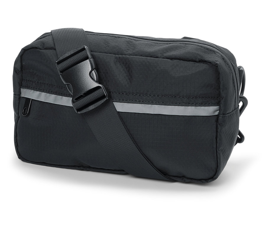 Černá ledvinka s nastavitelným popruhem a reflexním pruhem.