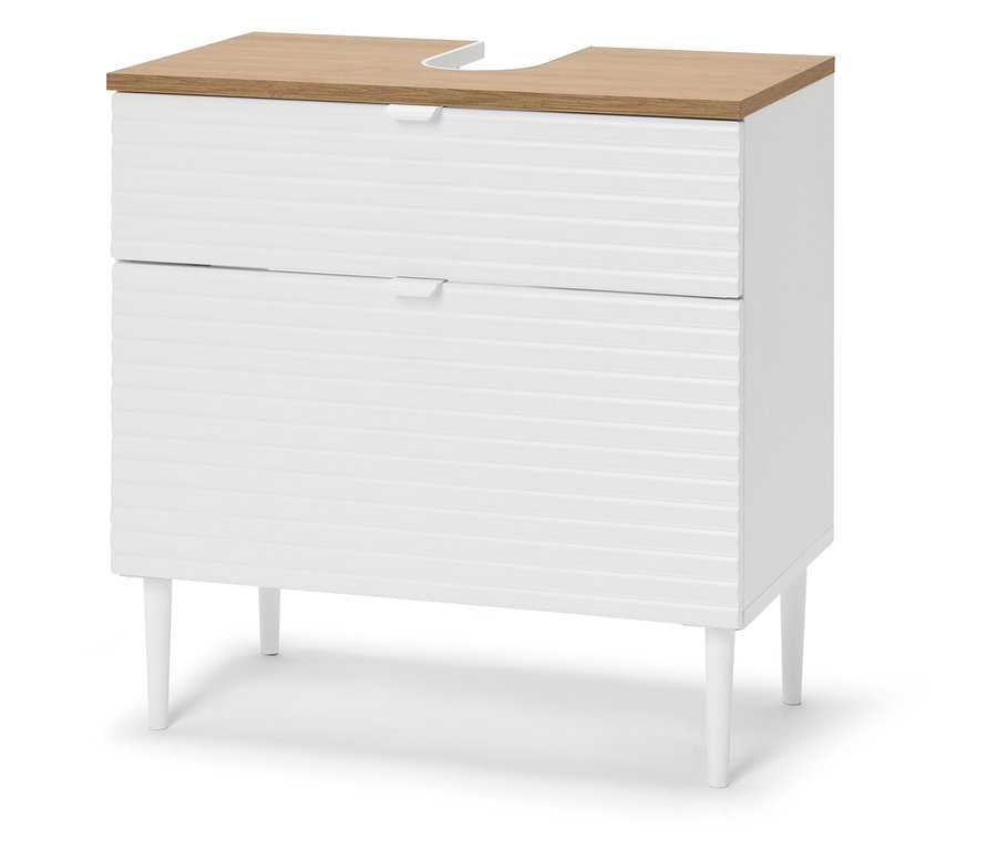 Bílá koupelnová skříňka se dvěma zásuvkami a světlou dřevěnou deskou.