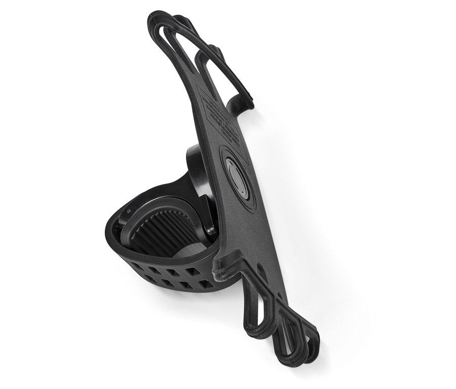 Černý držák na mobilní telefon na kolo s gumovým páskem na bílém pozadí.