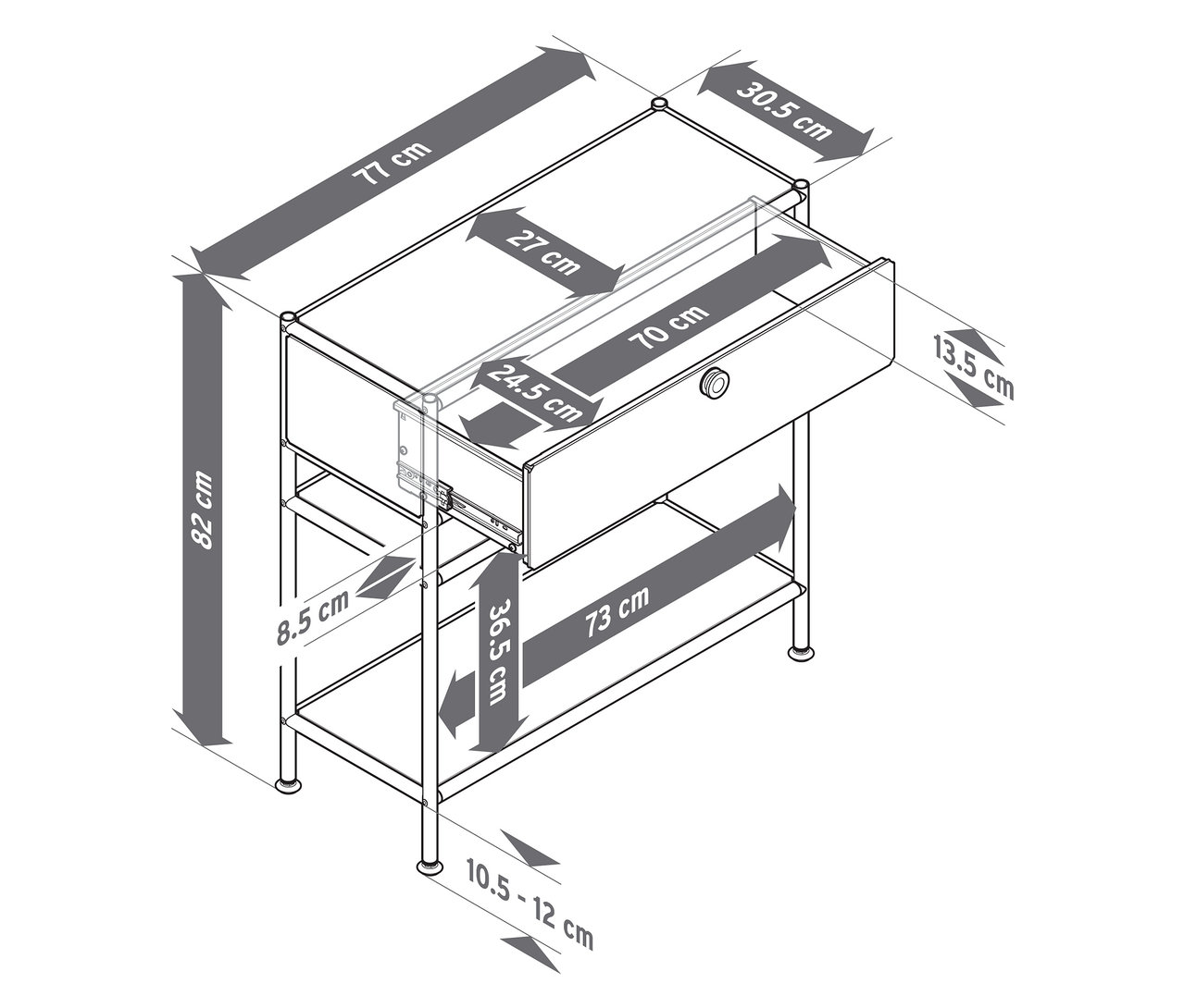 Pohled shora na kovovou konzoli »CN3 Slim Line« se zásuvkou a rozměry.