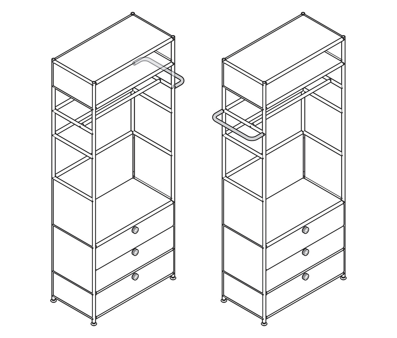 Dvě kovové šatní skříně »CN3« s tyčí a 3 zásuvkami zobrazené v liniové grafice.