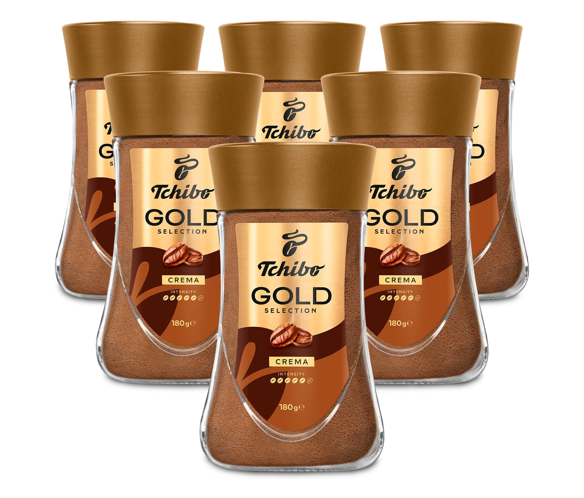 Šest sklenic instantní kávy Tchibo Gold Selection Crema uspořádaných do dvou řad.